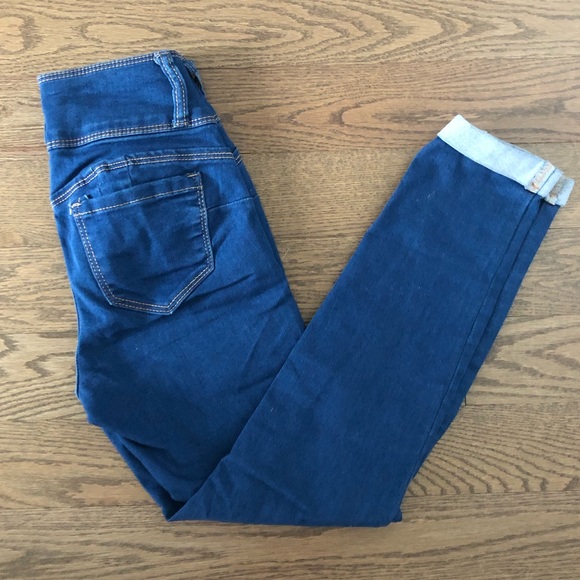 Forever 21 Denim Rolled Cuff Skinny Ankle Cropped Jeans High Waist Solid Blue - Picture 3 of 8